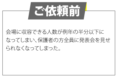 ご依頼前　会場に収容できる人数が例年の半分以下になってしまい、保護者の方全員に発表会を見せられなくなってしまった。